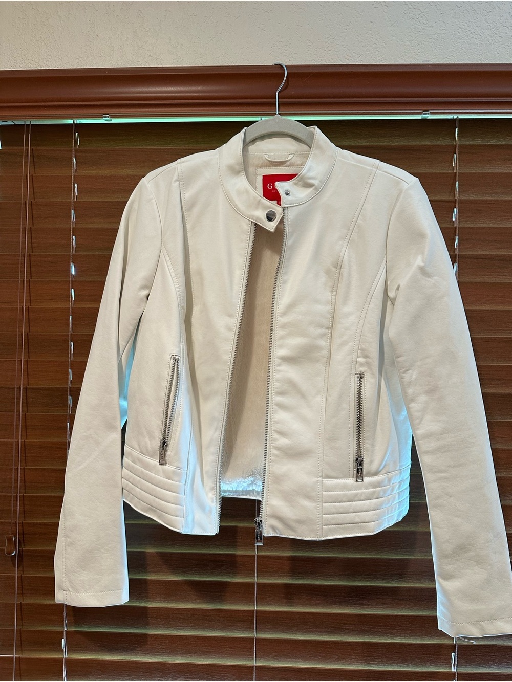 G by Guess White Faux Leather Moto Jacket with Zip Pockets
